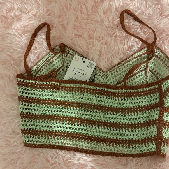 NWT Zara Brown and Light Green Crochet Crop Top - Picture 7 of 7